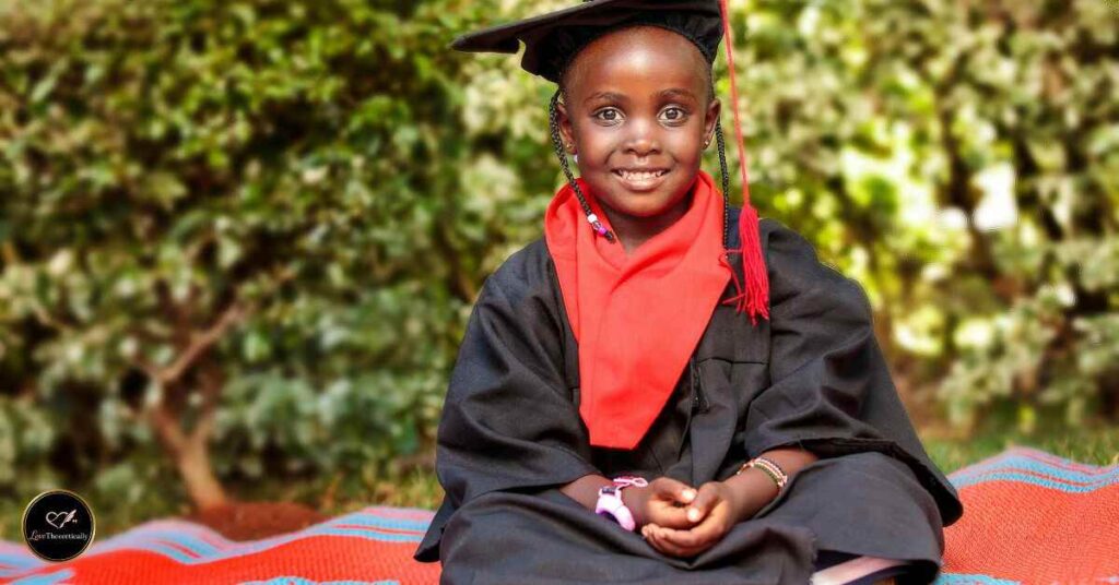 Happy kindergarten child celebrating graduation with proud smile